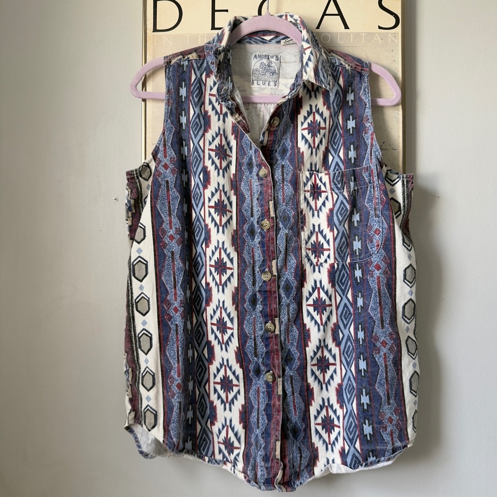 Andrews Blues Sleeveless Shirt Womens M Blue Southwestern Aztec Cotton Vintage